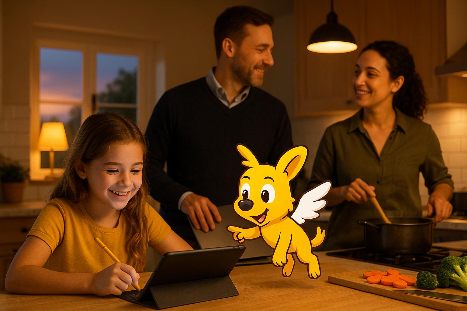 Happy family in kitchen with child using tablet for homework while parents cook together, showing the balance Tutorify brings to family life